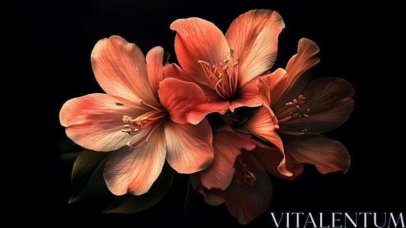 Coral Amaryllis Blooms Against Black Background
