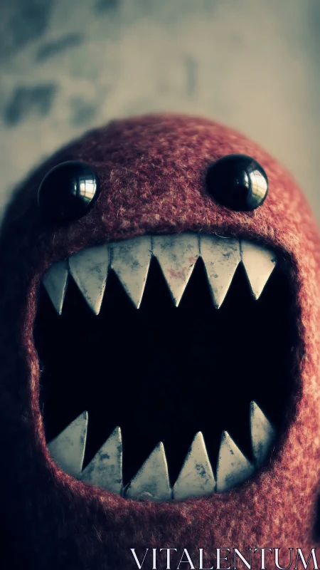 Macro portrait of felt monster toy with sharp triangular teeth