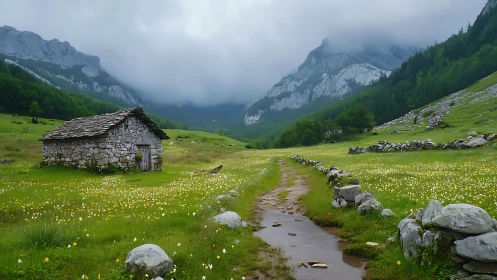 Stone shepherd hut beside wet trail in misty alpine valley