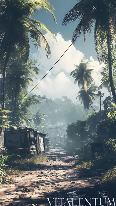 Tropical dirt road with trailers and overhead power lines.