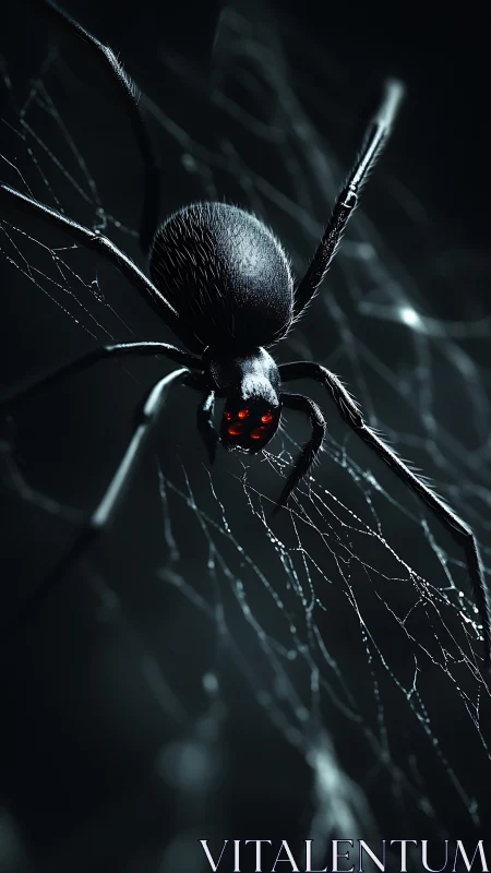 Nocturnal black spider with glowing red eyes on web strands.