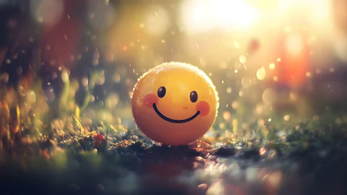 Smiley face ball on wet grass in warm evening light.