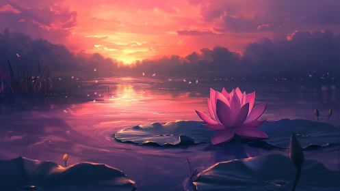 Lotus blossom on iridescent lake under magenta sunset glow.