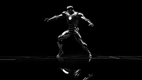 Chrome armored humanoid stance on reflective black stage.