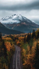 Curving railway through autumn forest below snowy peaks.