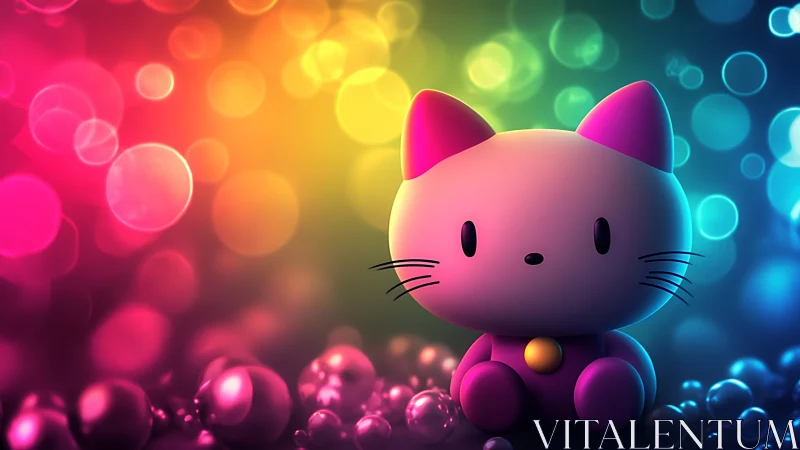 Neon Gradient Feline Character: 3D Rendered Figurine with Bokeh Background.