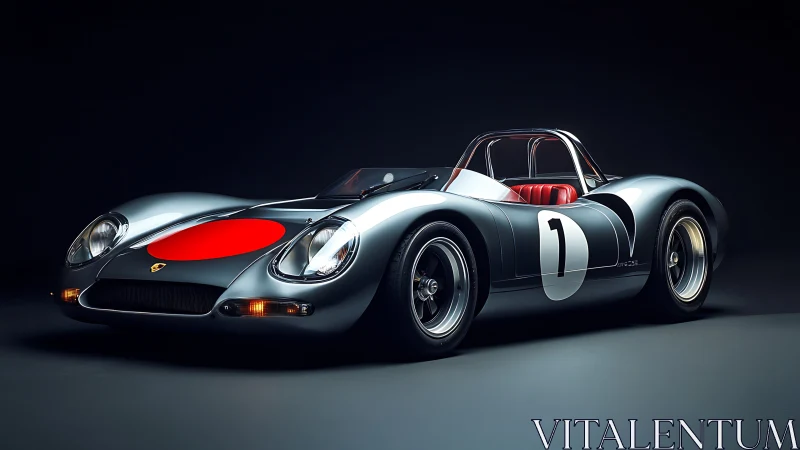 Photorealistic vintage silver race car on dark studio stage.