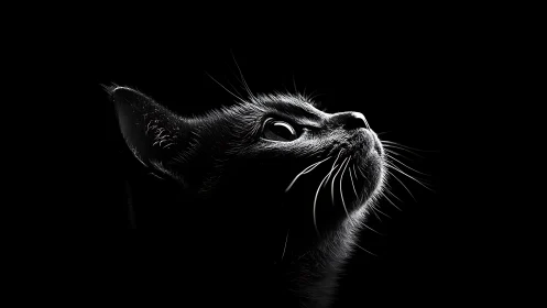 Cat Gazing Upward in Dramatic Monochrome Portrait