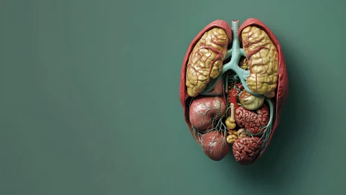 Realistic anatomical model of human organs on green background.