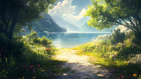 Lakeside path through dense foliage toward distant mountains.