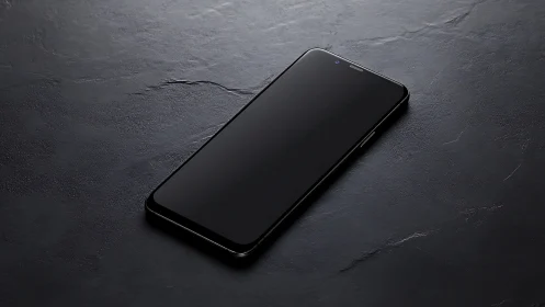 Black smartphone placed on dark textured surface at angle
