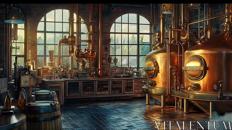 Copper brewery interior with fermentation tanks at sunrise.
