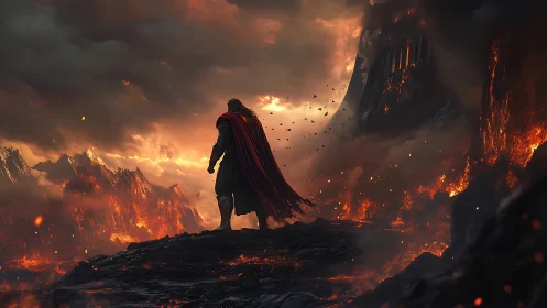 Armored warrior surveys volcanic battlefield in dramatic backlight