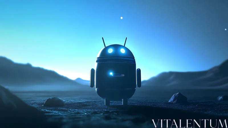 Robot mascot stands on blue alien landscape at night.