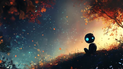 Small robot observing starry sky under autumn tree at dusk.