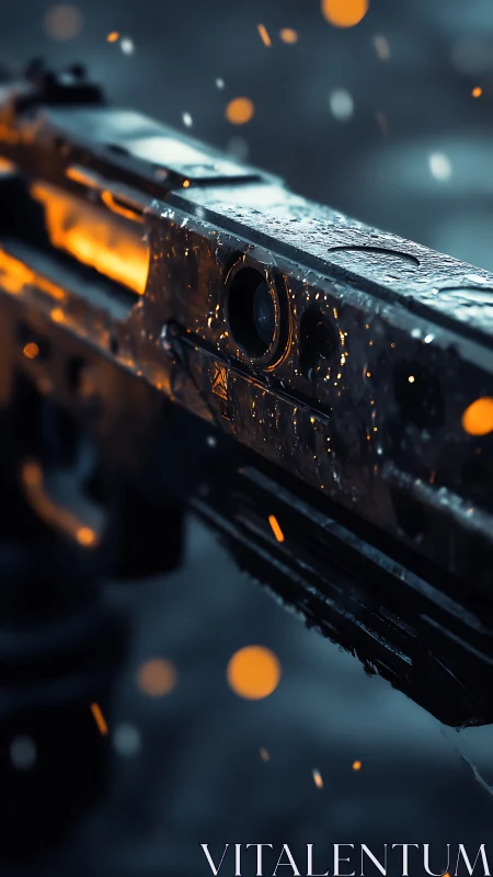 Macro view of wet metal firearm slide with cinematic bokeh lighting