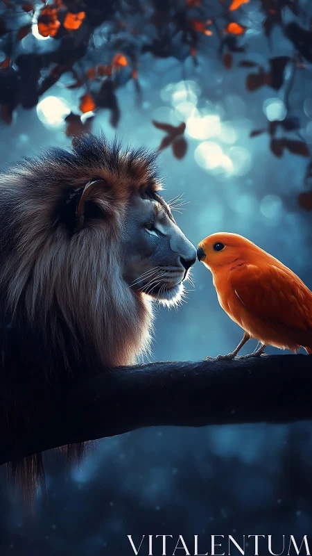Lion and bright orange bird share a quiet moonlit moment.