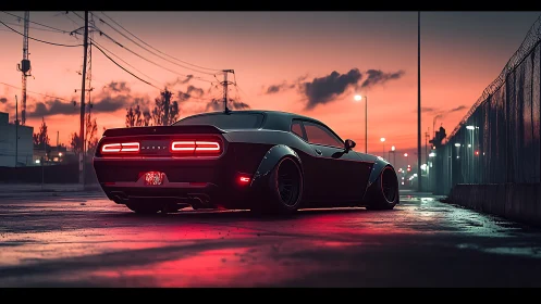Neon dusk muscle car broods over rainwashed city asphalt.