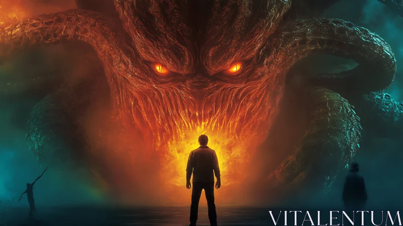 Lone human confronts colossal fiery tentacled abyssal demon