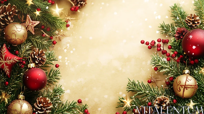 Symmetric festive border with baubles, pine sprigs, bokeh glow.