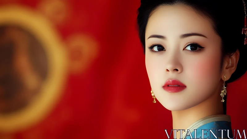 Elegant woman in traditional attire against vivid red backdrop.