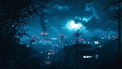 Night cityscape shows moonlit skyline under rainfall