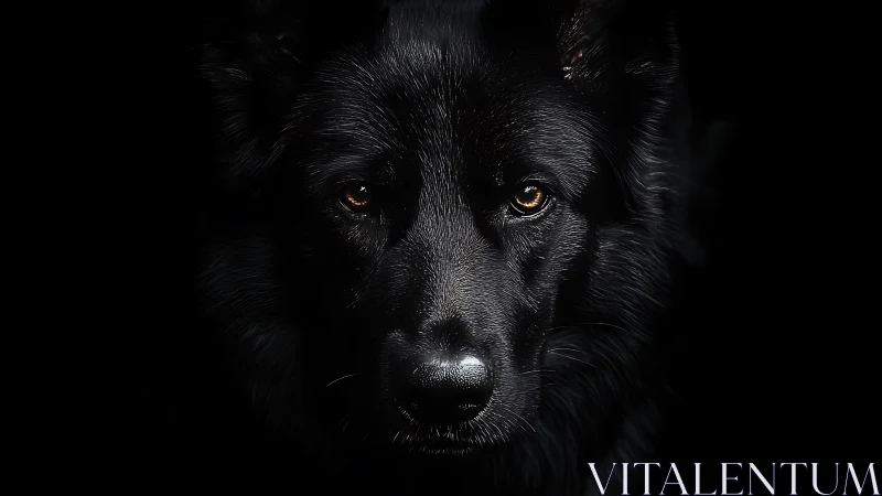 Black shepherd dog stares from the shadows with fierce calm