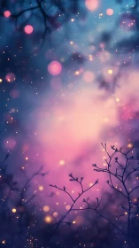 Silhouetted branches against defocused bokeh field at dusk.