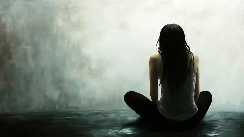 Muted contemplative figure against abstract tonal backdrop.