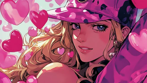 Vibrant anime portrait integrates glossy hearts and neon pink tones