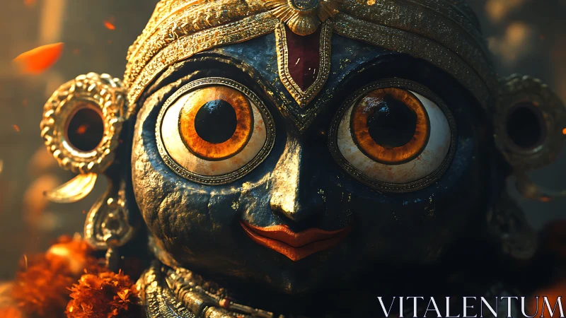 Ornate deity idol portrait glows under warm ceremonial light