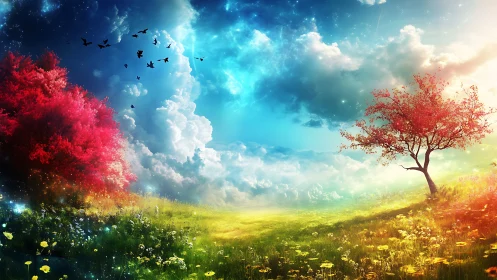 Bilateral fantasy meadow shows chromatic trees under turbulent sky