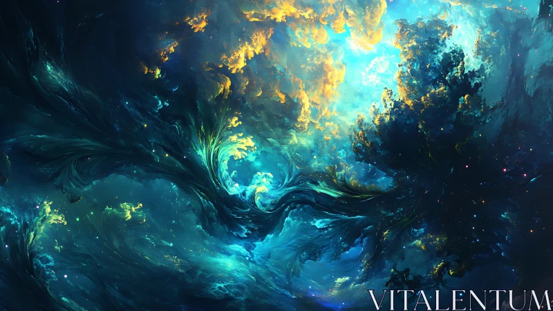 Celestial nebula vortex in luminous teal and gold clouds.