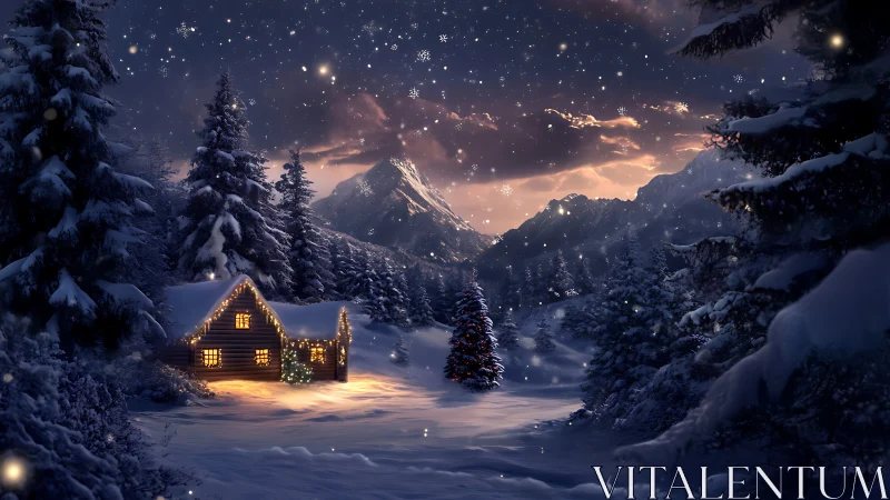 Snowy mountain cabin glows under starry winter night sky