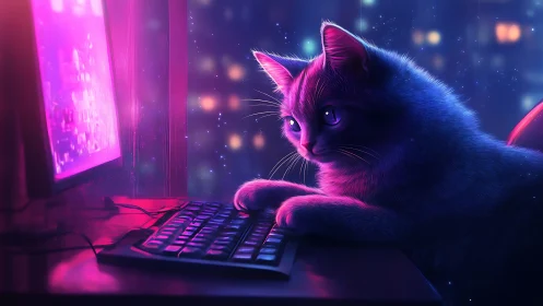 Neon Cat at Gaming Terminal: Digital Art Cyberpunk Scene.