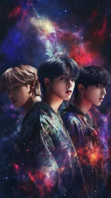 Stargazing trio wrapped in shimmering cosmic color glow.