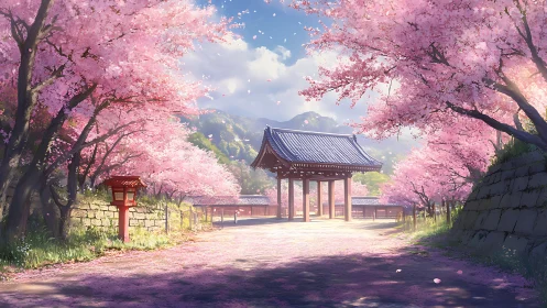 Springtime temple gate beneath luminous cherry blossoms.