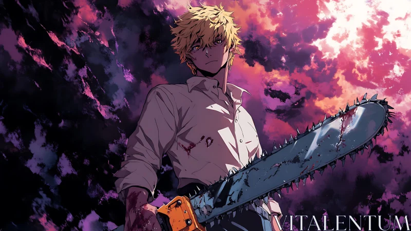 Storm-stained sky crowns a bloodied boy with brutal resolve