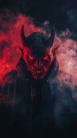 Demonic horned figure emerges from crimson smoke and shadow