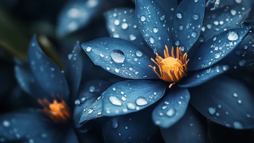 Blue Petaled Flowers with Water Droplets and Golden Centers