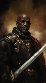Stoic knight in burnished armor holding a weathered sword.