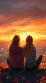 Backlit duo observing dusk skyline under saturated orange sky