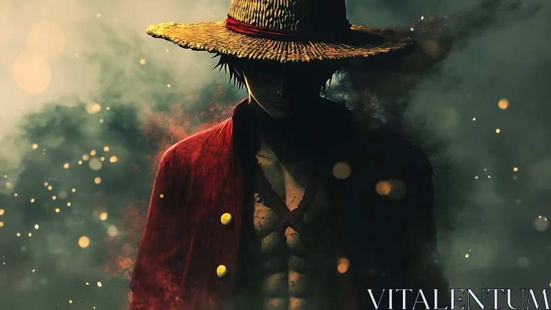 Mysterious straw hat wanderer glowing in swirling embers.