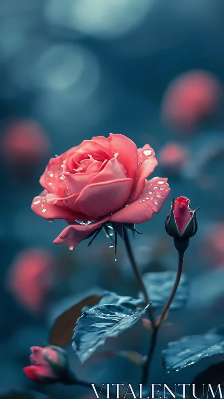 Macro study of dew-laden rose under cool bokeh lighting.