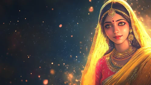 Golden veiled bride smiles softly in a starlit night sky