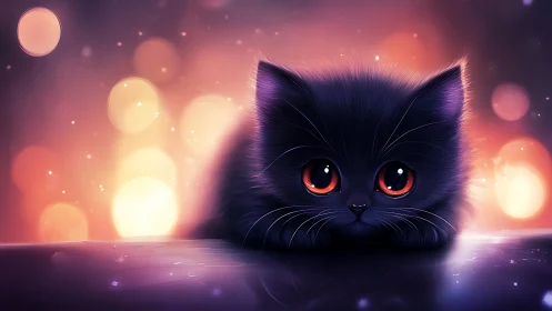 Black Cat with Luminous Red Eyes Against Warm Bokeh Background