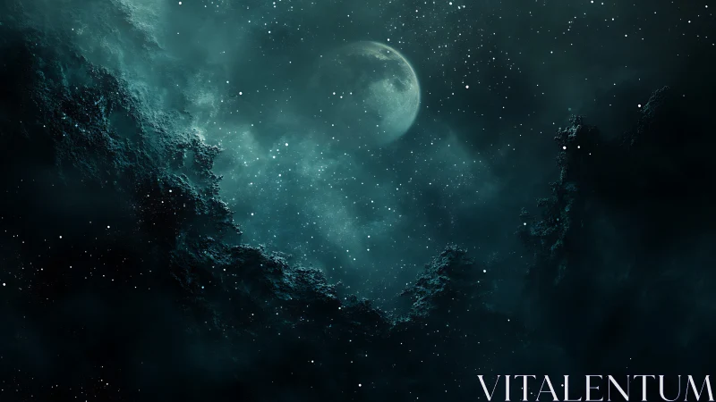 Moonlit celestial clouds drift through a starry teal night.