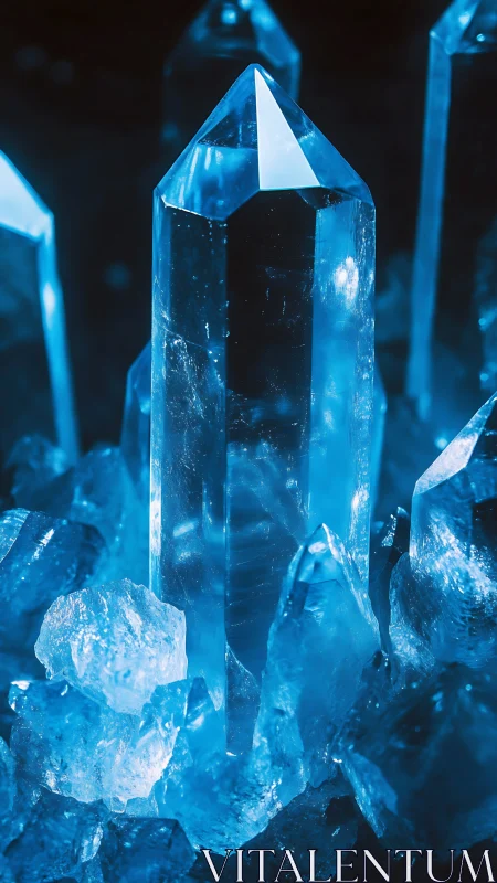 Luminous blue crystal tower glows in a dark ethereal void