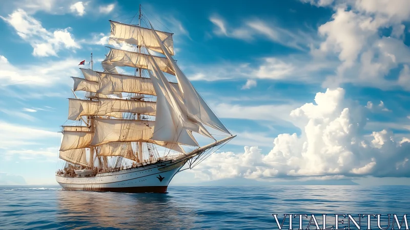 Tall ship under full sail glides across calm ocean in clear daylight