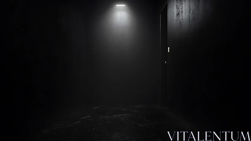 Narrow dark corridor under harsh overhead spotlight glow.